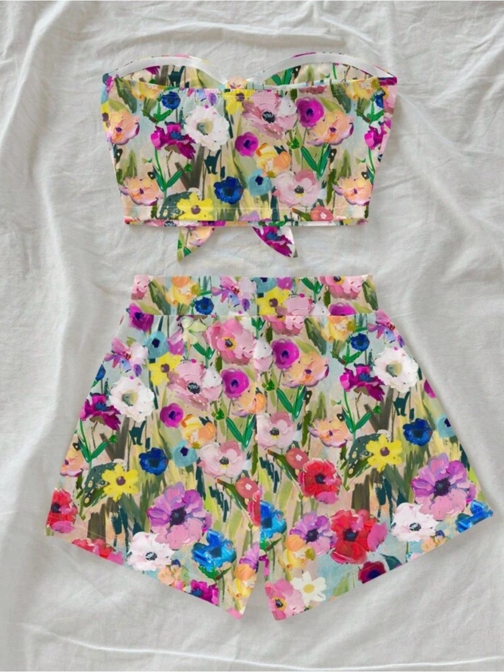 SHEIN Floral Multicolor Strapless Romper Set - Pink Blue Yellow Green